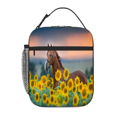 Pardick Sunflowers Horse Tote Lunch Box Insulated Lunch Bag Tote Cooler Freezable Meal Prep Bag Waterproof Leakproof Cooler Lunch Container For Picnic Office