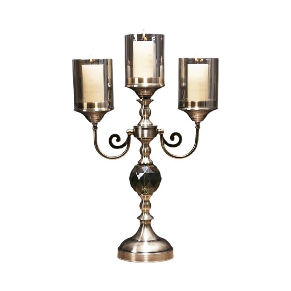 Französische romantische Kerzenständer, Retro Metall Glas DREI-Kopf Leuchter Licht Luxus Hause Dekoration Ornamente Kerze Halter Dekor(L)
