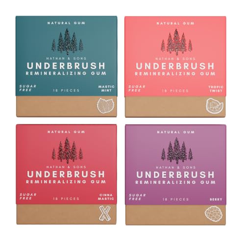 Underbrush Variety Pack Remineralizing Natural Gum, Sugar Free Xylitol Gum with Hydroxyapatite, Supports Fresh Breath and Oral Health, Tree Sap Base, Gluten Free, No Sucralose or Aspartame, 4 Pack