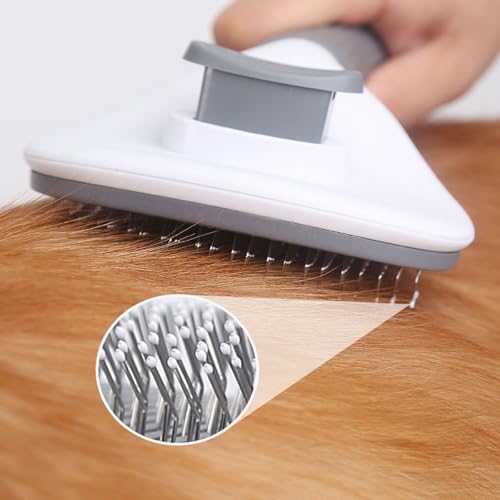 Image of Cat Brush with Release Button, For Indoor Cat Hair Removal, Self Cleaning Cat Comb Hair Brush for Indoor Cats, Pet Supplies Hair Remover Tool (White-Blue)