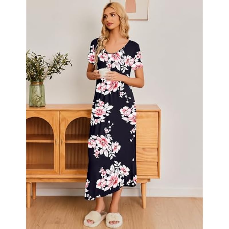 Ekouaer Long Nightgowns for Women House Dress Plus Size Sleepwear Pleated Full Length Loungwear S-4XL 상세이미지 2