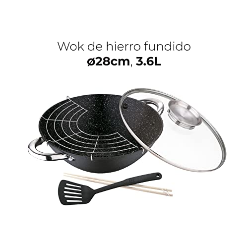 RENBERG-Wasabi-Wok-Sarten-Wok-con-Revestimiento-de-Marmol-y-Tapa-de-Vidrio-Multiples-Funcionalidades-y-Accesorios-Wok-de-Hierro-Fundido-Compatible-con-Cocinas-de-Induccion