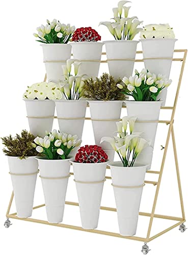 HXZJUIKL Soporte de exhibición de flores de 3 niveles con 12 cubos, soporte móvil para plantas sobre ruedas, para jardín, balcón y floristería con gran capacidad