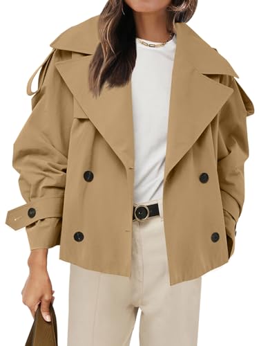 Tankaneo Womens Cropped Trench Coat Casual Double Breasted Short Jacket Fall Fashion Outerwear with Belt