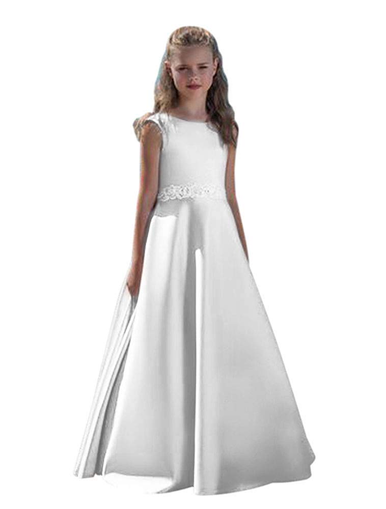 Satin-Blumenmädchenkleid für Strand, Hochzeit, Schärpen, Applikation, Erstkommunionskleider