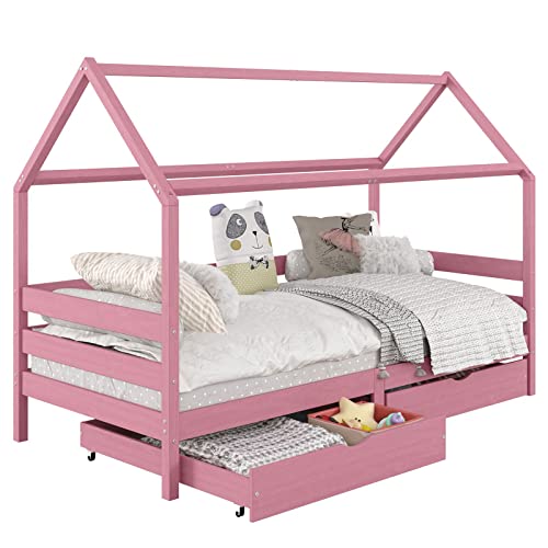 Hausbett CLIA Montessori aus massiver Kiefer, Kinderbett mit Dach, Tipi Bett mit 2 Schubladen in rosa Hausbett CLIA Montessori aus massiver Kiefer, Kinderbett mit Dach, Tipi Bett mit 2 Schubladen in rosa