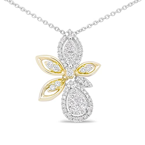 Haus of Brilliance 14K White and Yellow Gold 5/8 Cttw Round Diamond Marquise Floral Style 18" Pendant Necklace (H-I Color, I1-I2 Clarity)
