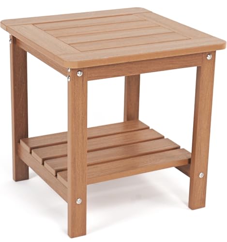 Kibaso-Adirondack Outdoor Side Table 2-Tier HDPE Outdoor End Table Weather Resistant Easy Maintenance Small Patio Side Table for Patio Pool Porch Garden Lawn and Living Room (1 Rustic Teak)