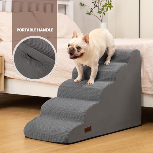 Image of Aodisman 5-Step Dog Stairs and Ramp for High Bed, Non-Slip Sturdy Pet Steps for Small Dogs and Cats,22.2 inch H,Grey