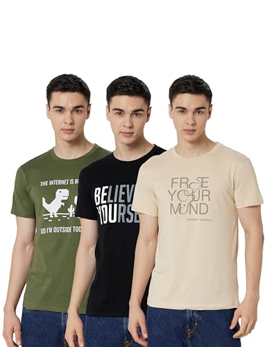 Image of Nobero 100% Cotton Tshirts for Men Combo Pack of 3 | Regular Fit | Printed | Round Neck Half Sleeve