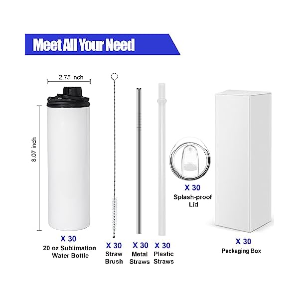 30 Pack Sublimation Water Bottle Blanks 20 oz Sublimation Sports Water Bottle with Handle Stainless Steel Sublimation Tumbler Blanks with Lids and Straws, Individually Box, White, DIY Gift - Image 6