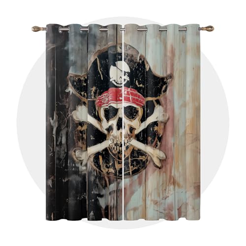Rideau Occultant Pirate - Rideau Thermique Motif Tête de Mort Nautique, Rideaux Chambre Salon Fenetre, Lot de 2 Rideaux et Draperies Intérieurs à Oeillets, 75x166 cm...