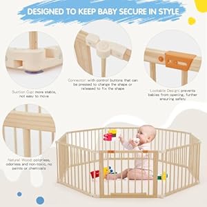 Wooden playpen extra large 7474 foldable baby playpen for babies and toddlers baby play fence baby gate playpen with locking gate changeable expandable baby play yard 8 panel  urban country home decor