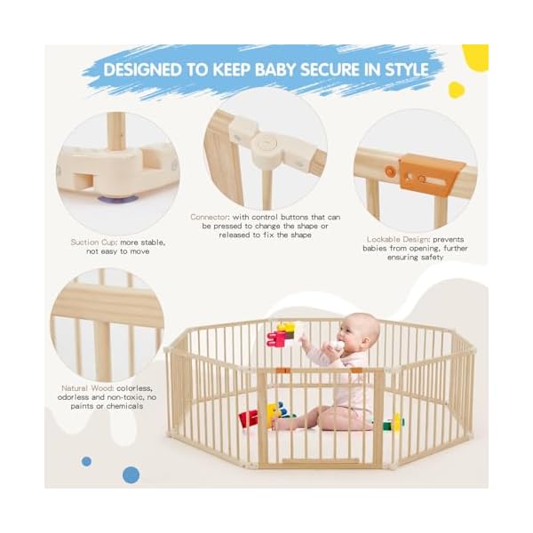 Wooden playpen extra large 7474 foldable baby playpen for babies and toddlers baby play fence baby gate playpen with locking gate changeable expandable baby play yard 8 panel  urban country home decor