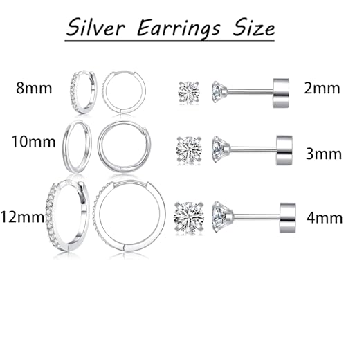 6 Pairs Sterling Silver Earrings Sets for Multiple Piercing Small Silver Huggie Hoop Flat Back Surgical Steel Tiny CZ Stud Earrings for Women Trendy Cartilage Hypoallergenic4