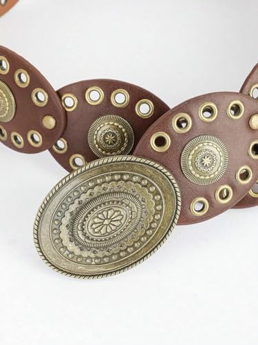 INOGIH Womens Wide Western Cowboy Disc Belt Vintage Cowgirl Concho Leather Belts Boho Style for Jeans Dress Skirt2