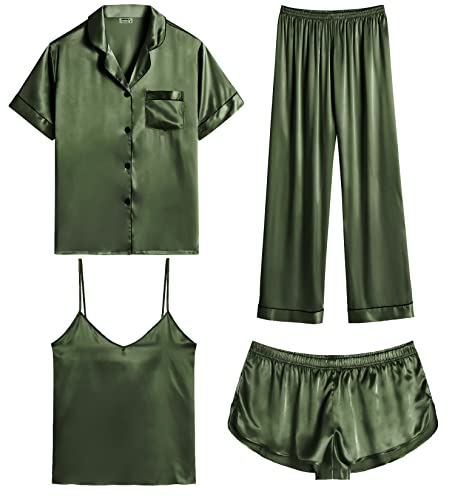 Image of SWOMOG Womens Silk Satin Pajamas Sets 4pcs Sleepwear Sexy Cami Shorts Set and Button Down Short Sleeve Pjs Loungewear Olive Green Large
