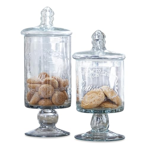 LOBERON Dose Suzie Set - Deko Vorratsdosen Mit Deckel & Gravur - Für Süßigkeiten & Lebensmittel - Mundgeblasenes Glas - 2 Dosen - 27cm & 23cm klar