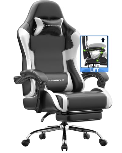 Dowinx Gaming Stuhl Bürostuhl Massage Gaming Sessel mit höhenverstellbaren Linkage-Armlehnen, ergonomischer Gamer Stuhl mit Fußstütze, gepolstert Gaming Chair 150° neigbar bis 180 kg, Weiß