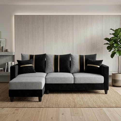 Image of Jester 4 Seater L Shape Sofa Set with Movable Ottoman | Flexible Left or Right Layout | Luxury Velvet Suede Fabric | Modern Living Room Sofa | Black-Light Grey