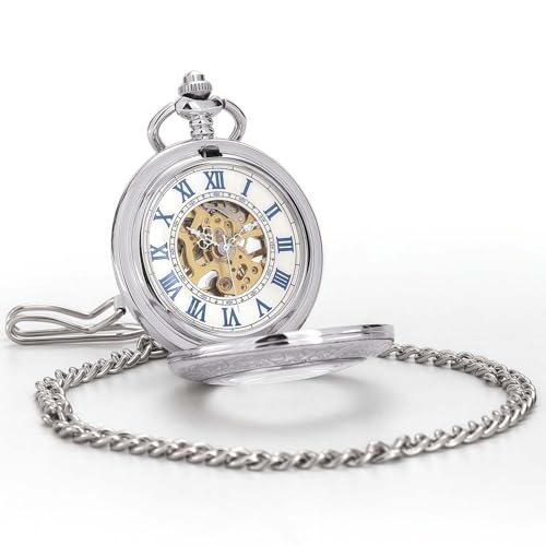 Image of ManChDa Pocket Watch Retro Smooth Classic Mechanical Hand-Wind Pocket Watch Steampunk Roman Numerals Fob Watch for Men Women with Chain + Box