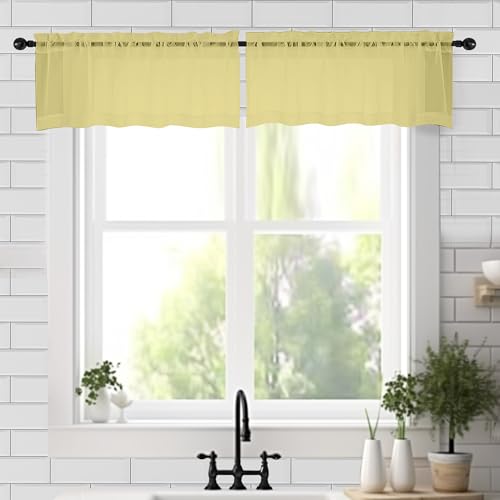 Image of Chyhomenyc Mustard Yellow Sheer Valances for Windows - Light Filtering Small Kitchen Curtains, Short Top Window Treatment Decor for Living Room Bathroom Basement, 42Wx18L inches, 2 Pack