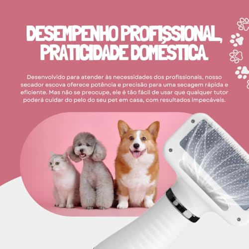 Secador Escova Pet Portátil 2 em 1 Profissional, Ideal para Banho e Tosa de Cachorros e Gatos, Poten