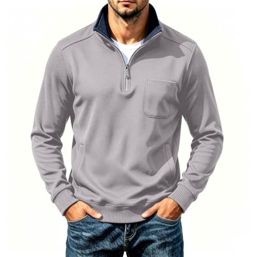 Men Long Sleeve Shirt Fleece Lined Textured Retro Quarter Zip Pullover - image 5
