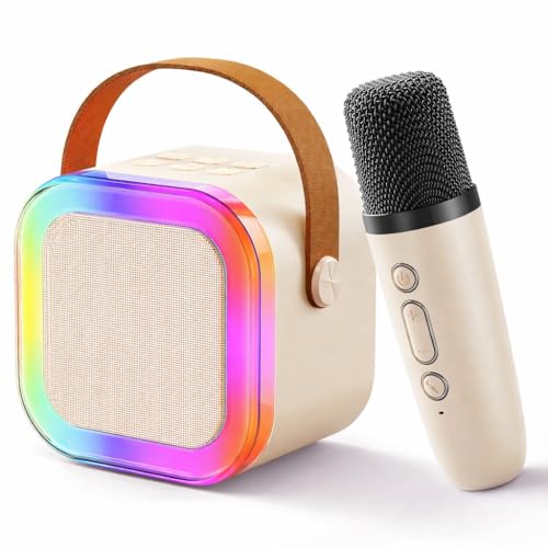 Image of Kids Karaoke Speaker with Wireless Microphone | Portable Bluetooth Singing Machine with LED Lights | Mini Rechargeable Karaoke System for Boys & Girls (1 Mic, Beige)