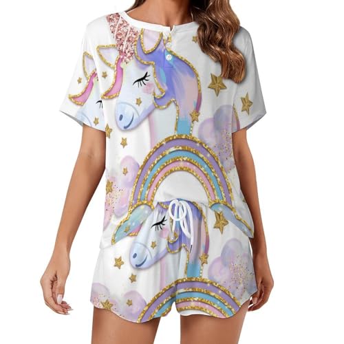 Pyjama pour femme Licorne d'or contre la chaleur : vêtements de nuit d'été à manches courtes doux
