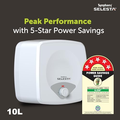 Image of Symphony SELESTA Geyser 10 Litre Storage Water Heater | BEE 5 star Rating Energy Efficient | 2KW Heating Element | Titanium Pro Glassline Tank|Warranty: 7 Yr Tank, 3 Yr Heating element, 2 Yr Product.