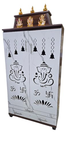 Image of 6 x 3 ft Wooden Pooja Mandir with kalasam | 36 inch L x 72 inch H x 12 inch D | White Marble Finish