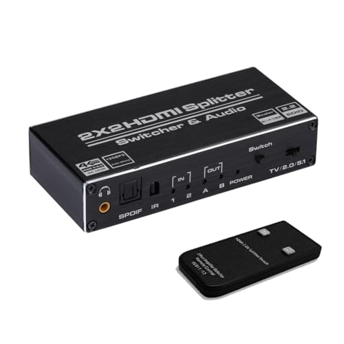 HDMI Switch 2x2 2 Ports HDMI Switch Splitter 2 in 2 Out with IR Remote Control Support HDMI 2.0 HDCP 2.2 Ultra HD 4K x 2K@60Hz 3D 1080P (Dual Monitors Duplicate/Mirror Only)