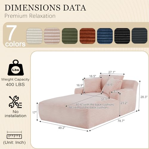 Image of Chaise Lounge Chair Indoor, 50 Inch Oversized Corduroy Upholstered Boneless Sofa Bed, Deep Seat Sleeper Couch Reading Chairs, Cloud Sofas Couches for Living Room (Pink, 50 inch W x 80 inch D)