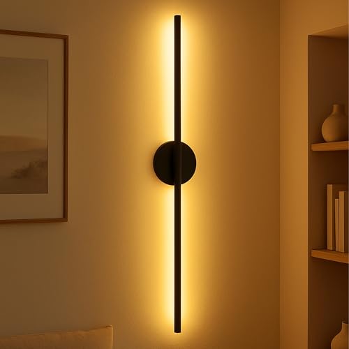Image of SINOMAN Modern LED Black Wall Light Vertical Metal Wall Lamp Soft & Bright LED 3 Step Color Changing, Ambient Lighting Ideal for Living Room, Bedroom, Hallway, Bathroom and Home Decoration