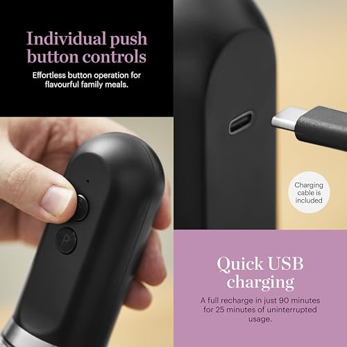Good Food in Partnership with Tower Duo Salt & Pepper Mill, Rechargeable with Adjustable Ceramic Grinders, Individual Push Buttons, Black with Brushed Chrome Accents, GF847069 - Image 5