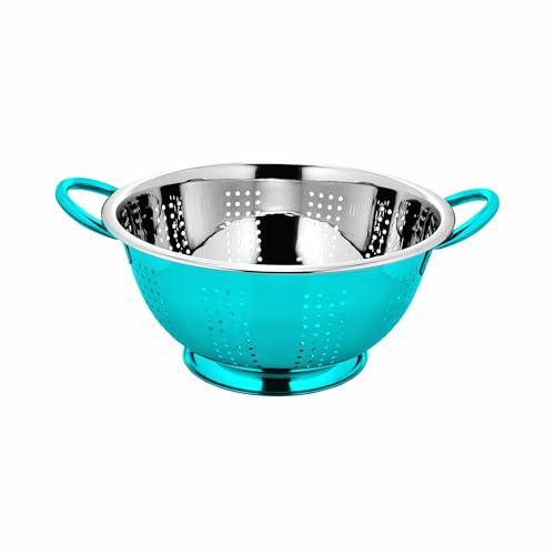 Image of Prabha Colander Stainless Steel Strainer Sieves, 3000ML, 24cm|Kitchen Strainer With Handle-Essential Kitchen | Colanders Bowl, Basket | Colander For Rice Straining Washing Fruits, Vegetables,Blue