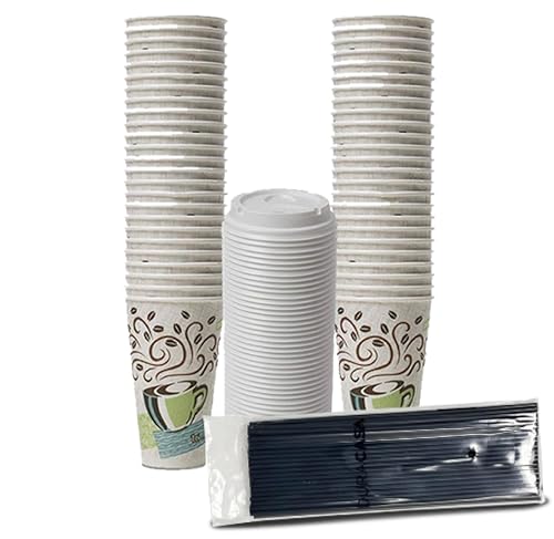 DuraCasa Straws and Coffee Design Insulated Paper Cup 16oz Cups Lids and Drinking/Stirring Sticks Set (16 oz 50 Cups 50 Lids 50 Straws)