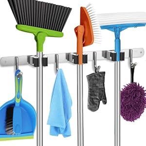 Mop Broom Holder Wall Mount, Stainless Steel Broom Hanger Wall Mount, Non Slip Broom Mop Holder Wall Mounted, Heavy Duty Mop Broom Organizer Wall Mount, Hanging Broom Hook Self Adhesive, Broom Storage