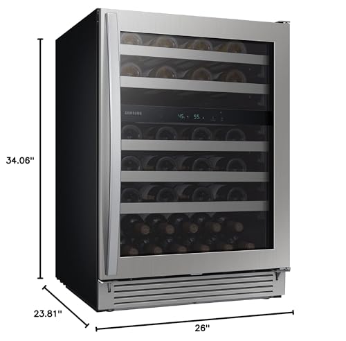 SAMSUNG 34-Inch Wine Cooler Refrigerator, 51 Bottle Capacity, Freestanding, Under Cabinet Fridge w/ Dual Temperature Zones, LED Lighting, Fingerprint Resistant, RW51TS338SR/AA, Stainless Steel on Fridge.com