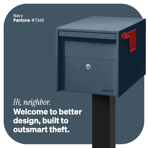 Image of Adoorn Lockable Post Mount Mailboxes for Outside - Small Anti-Theft Locking Mailbox for Packages and Letters - Weatherproof Construction - Durable Steel - 12 inch H x 12 inch W x 18.5 inch D - Navy