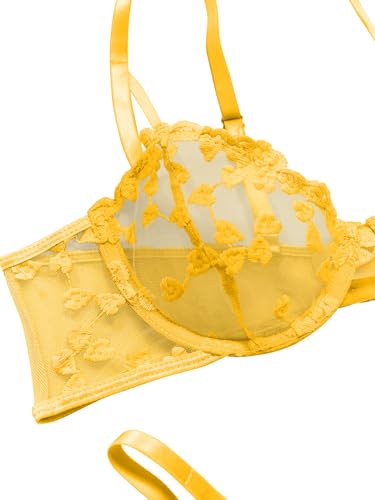 Image of Lilosy Sexy Underwire Cute Push Up Strappy Embroidered Mesh Sheer Lingerie Set See Through Panty Bra