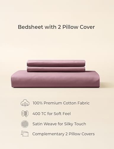 Image of Symbol Premium 100% Pure Cotton Soft Bedsheet for Double Bed - King Size (108x108 inches) with 2 Pillow Covers (27x17 inches) | 400 Threadcount
