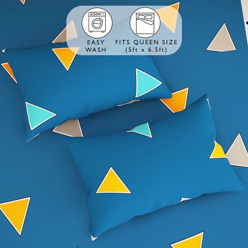 Image of Story@Home Bedsheets For Double Bed With 2 Pillow Covers Geometric,152TC,100% Cotton Double Bedsheet With Pillow Cover,225x250Cm,Blue & White,Triangles Pattern,Home Decor,Ideal For Festive Gifting