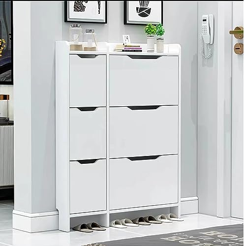 モダンなホワイト自立型隠しシューズキャビネット フリップ引き出し3個付き スリムシューズラック ストレージオーガナイザー 玄関や寝室