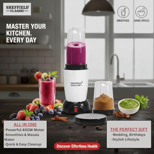 Image of SHEFFIELD CLASSIC 400W Nutri Blender & Mixer Grinder | High-Speed Smoothie Maker & Juicer with 2 Multipurpose Jars for Grinding & Masala | Compact Electric Food Processor (Elegant White)