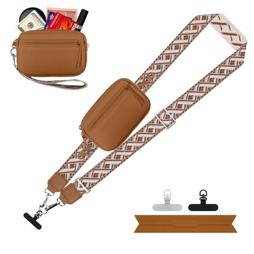 Image of YFWE Clip and Go Strap for Phone with Wallet Crossbody, Adjustable Phone Lanyard with Detachable RFID Wristlet Wallet, Pattern Strap, Bronze(M)