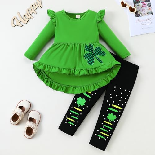 Image of Goodplayer Toddler Girls St.Patrick's Day Outfits Long Sleeve Clover Dress Shirt Shamrock Print Pants Clothes Set