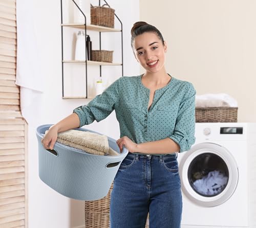 Image of Superio Ribbed Collection - Decorative Plastic Laundry Basket with Cut-Out Handles, Blue (2 Pack) Hamper Organzier for Bedroom Bathroom College Dorm Room 35 Liter