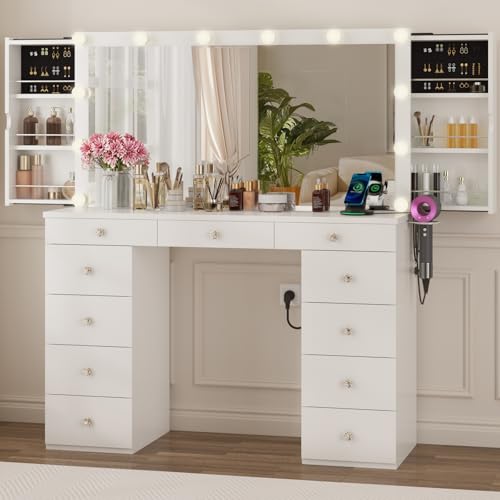 Likein Vanity Desk with Mirror and Lights, Dressing Table with 11 Drawers, Crystal Knobs, 3 Color Lighting Modes for Women, Girls